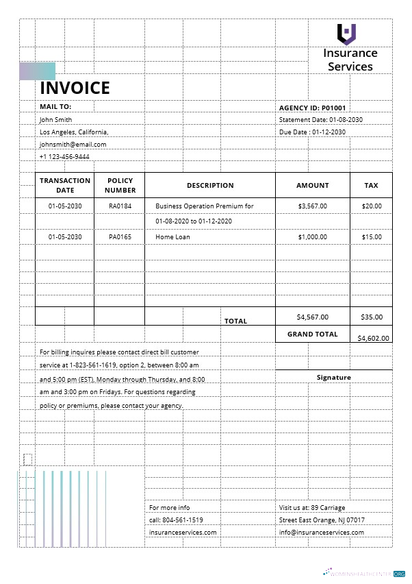 Download Insurance Agency Invoice Template Photoshop template
